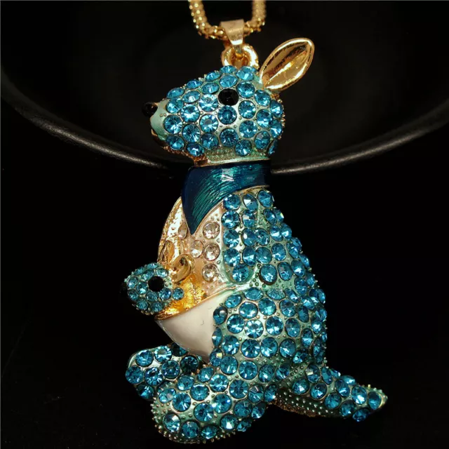 Betsey Johnson Rhinestone kangaroo Blue Crystal Pendant Chain Necklace Gift