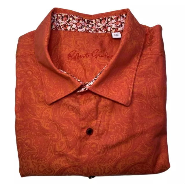 Robert Graham Shirt Men's 3XL Orange Paisley Embroidered Floral Short Sleeve