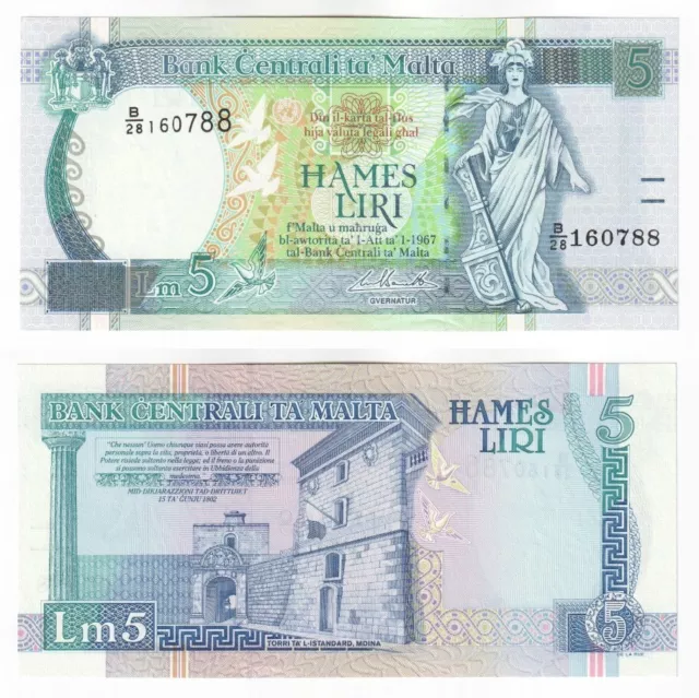 Malta 5 Liri Banknote (1994) P.46d - UNC