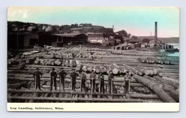 Log Landing Lumberjacks STILLWATER Minnesota Antique Logging Postcard 1910s