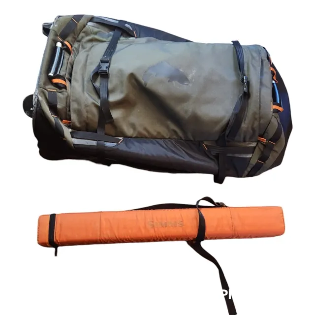 Simms fishing gear luggage rolling suitcase duffle bag & fly pole rod case READ
