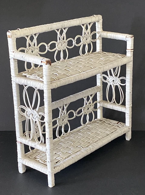 White Wicker Hanging Tier Shelf Rattan Boho Shabby Cottage Chic Vintage Retro