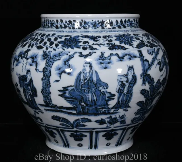 14 " Ancient China Blue White Porcelain Dynasty People Story Crock Pot Jar