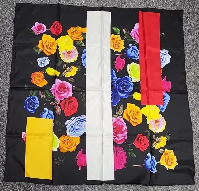 100% Silk Square Scarf. Black With Vibrant Multicoloured Rose Print. PW