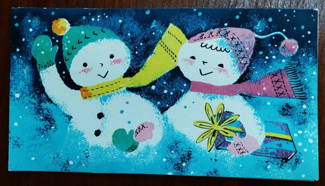 Vtg MCM Blue Snowman Couple Christmas Card, White Boston, unused, attractive