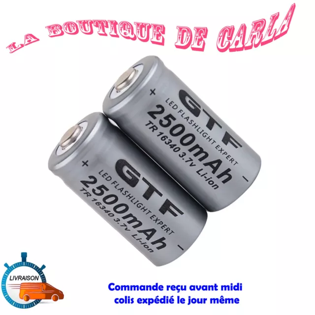 2 Pile ACCU Batterie Rechargeable Cr123A li-ion 16340 3.7V 2500mAh CIGARETTE LED