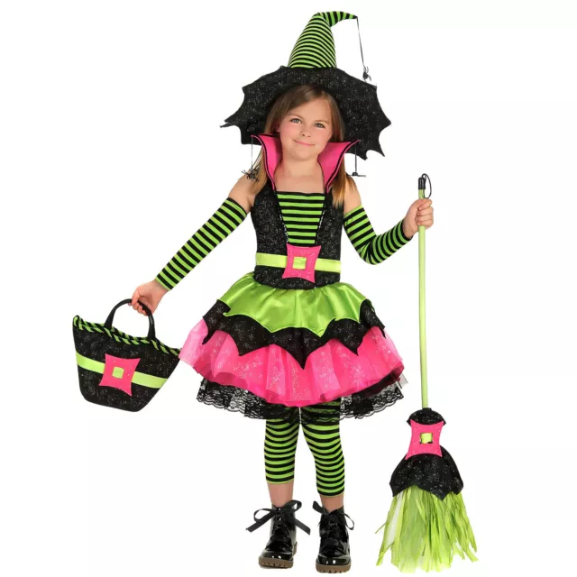 Child Girl's Spiderina Neon Witch Striped Halloween Costume Dress M L 2XL