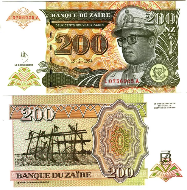 Banknote - 1994 Zaire, 200 Nouveaux Zaires, P61 UNC, Mobutu (F) Men Fishing (R)