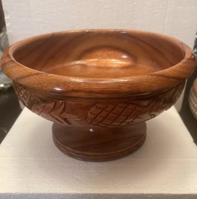 Large Vintage Hand Carved Wood Pedestal Bowl Stand Fruit Veggie Boho Midcentury