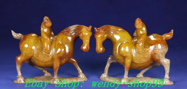 5" Old Han Dynasty Natural Hetian Jade People Ride Horse Animal Statue Pair