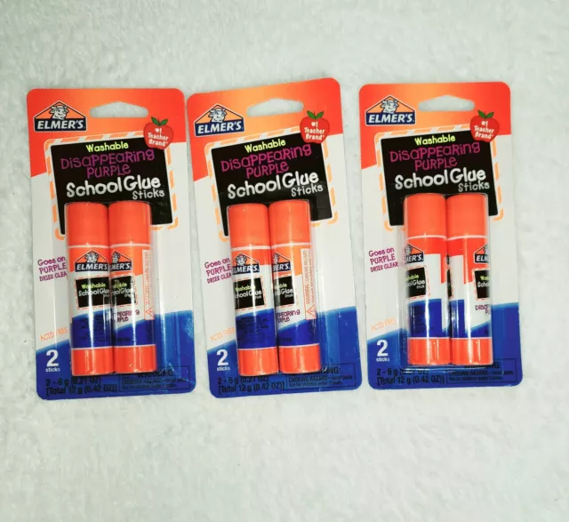 Lot Of 3 Two Pack Elemer's Disappearing Purple Washable School Glue Sticks