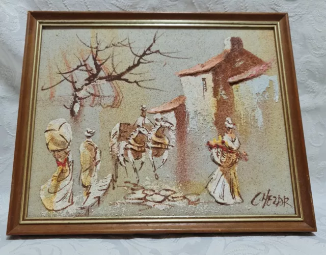 Boris Chezar signed Sand & Oil Painting / Street Scene