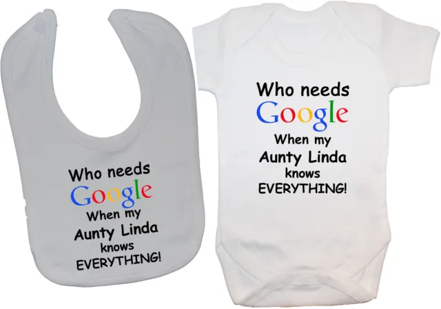 Google Personalised Aunty..Babygrow Bodysuit Romper T-Shirt & Feeding Bib 0-24m