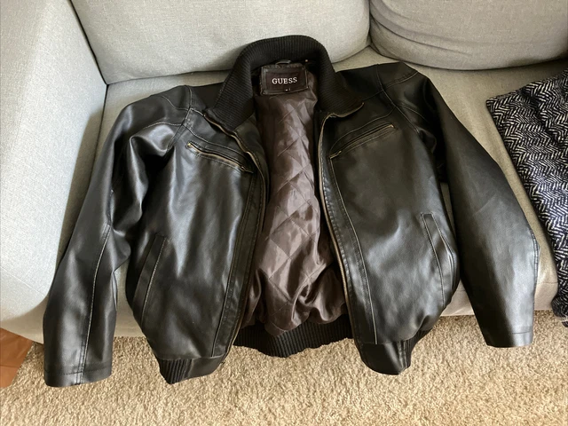 GUESS Mens Dark Brown Faux Leather Bomber Jacket SIZE MEDIUM