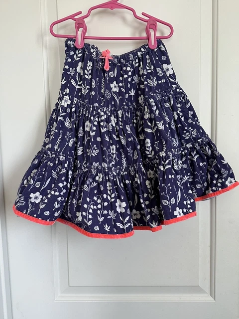 Mini Boden girls 7-8 purple white floral cord skirt orange velour trim