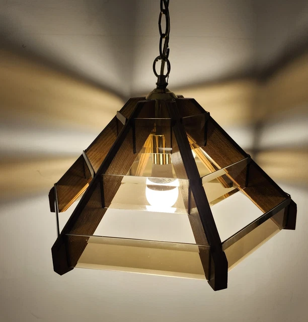 Vintage MCM Modern Hanging Lamp Beveled Smoke Glass Panels Geometric Wood 70s