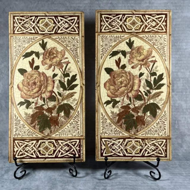 A Superb PAIR of c1865 English Aesthetic Movement Floral 12"x6" Fireplace Tiles