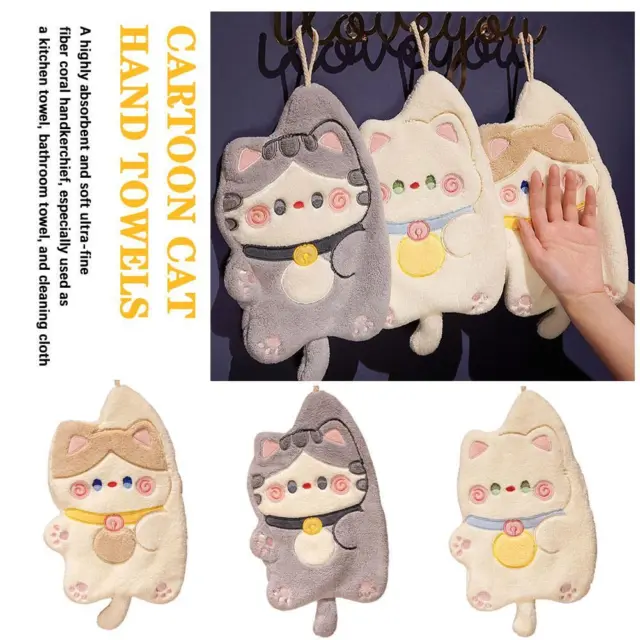 Cartoon Cat Hand Towels Cute Animal Bathroom Hanging Towel Soft Absorbent Wipe: