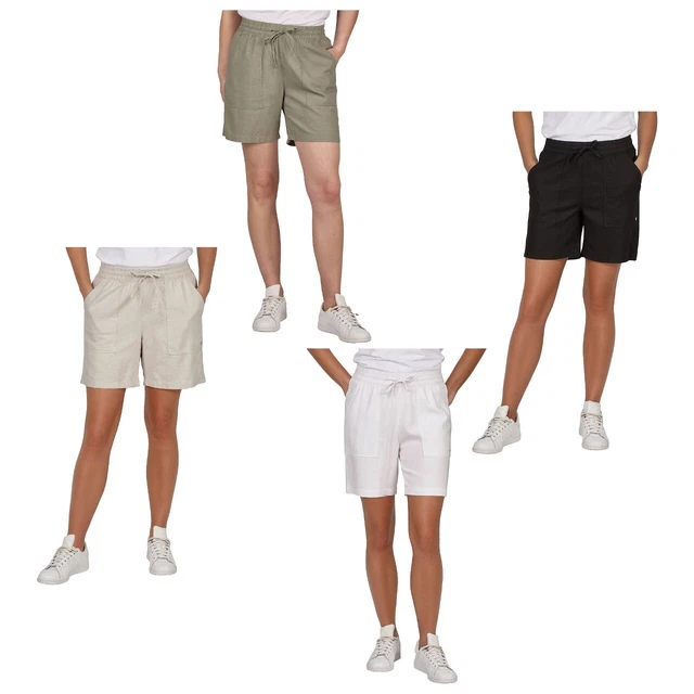 Short D'Été En Lin Pour Femme DENIMFY - Coupe Droite Poches Taille Élastique Noir Blanc Beige Vert