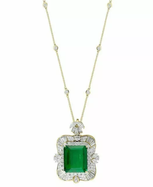 8.12Ct Colombian Emerald & Diamond 18K Yellow Gold Over Pendant with18" Necklace