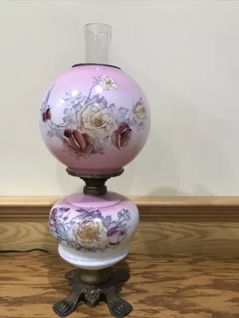 Atq Victorian Banquet Parlor Table Oil Lamp GWTW Electrified Pink Cabbage Rose