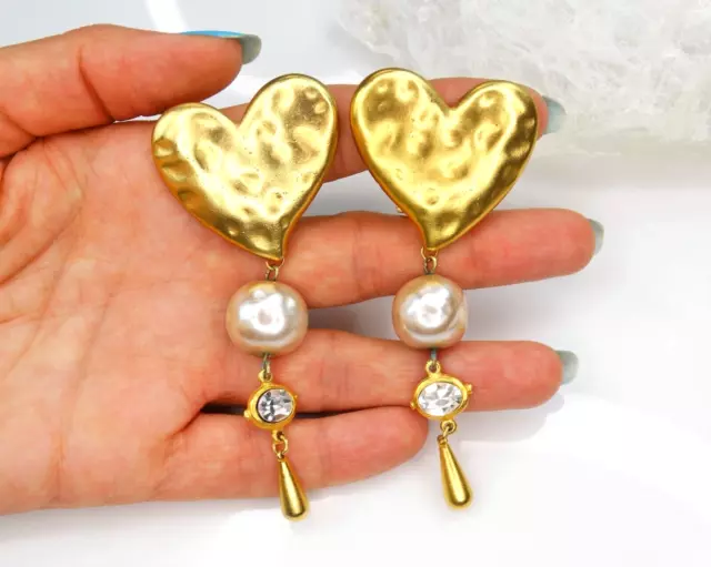 Ben-Amun 80S Vtg Gold Puffy Heart Glass Baroque Pearl 3.3" Drop Runway Earrings Ben-Amun 80S Vtg Gold Puffy Heart Glass Baroque Pearl 3.3" Drop Runway Earrings