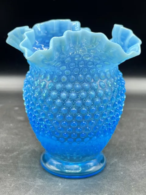 VTG  Fenton Aqua Blue Opalescent Hobnail Flower Vase Crimped Ruffled Edge 5.5"