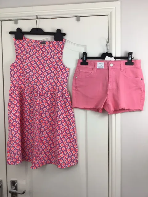 NEW M&S KIDS PINK SHORTS + NEXT LINEN DRESS BUNDLE. AGE 10 yrs. SUMMER HOLIDAY.