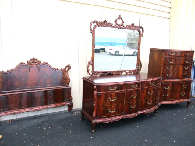 63024  Antique Swan Bedroom Set High Dresser w/ mirror Full size bed