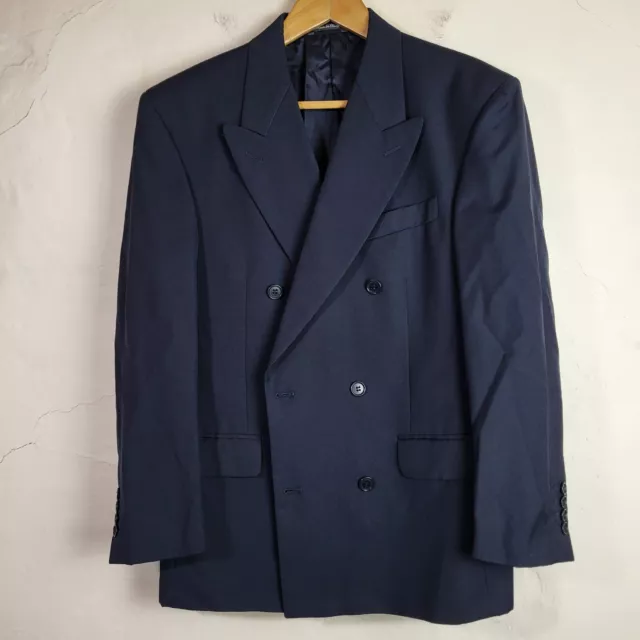 St Michael Mens 38M Vintage Suit Jacket Blazer Double Breasted Wool Navy Formal