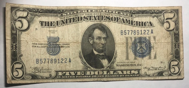1934 $5 blue seal silver certificate FR1650  Fine, one pinhole. #108
