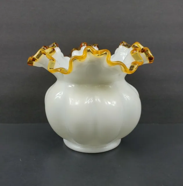 Fenton Milk Glass Amber Gold Crest Double Ruffled Melon Rose Bowl Vase EUC