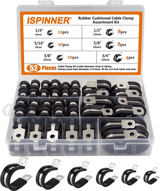 Cable Clamps Assortment Kit 304 Stainless Steel Rubber Cushion Pipe 52 Pcs Black