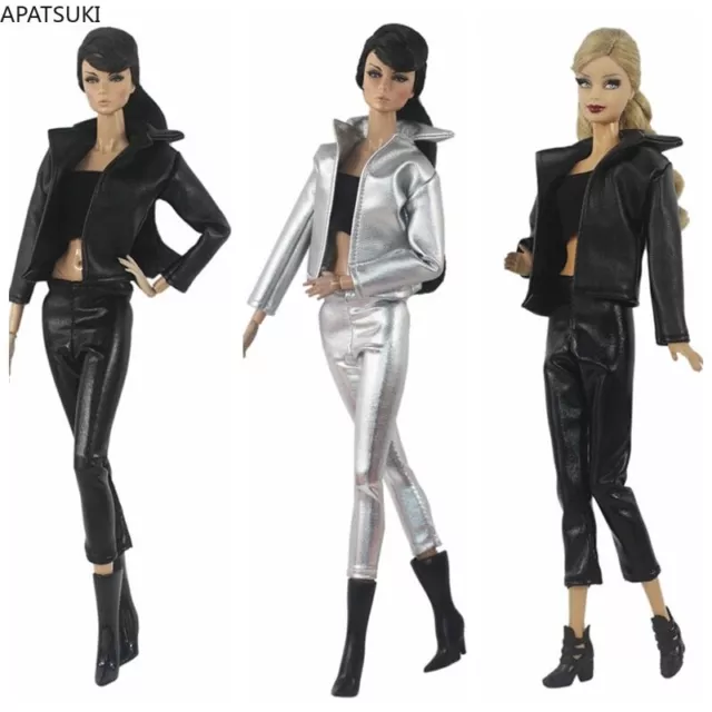 Lederkleidung Set für Barbiepuppe Outfits Mantel Jacke Enge Hose Top Stiefel 1/6