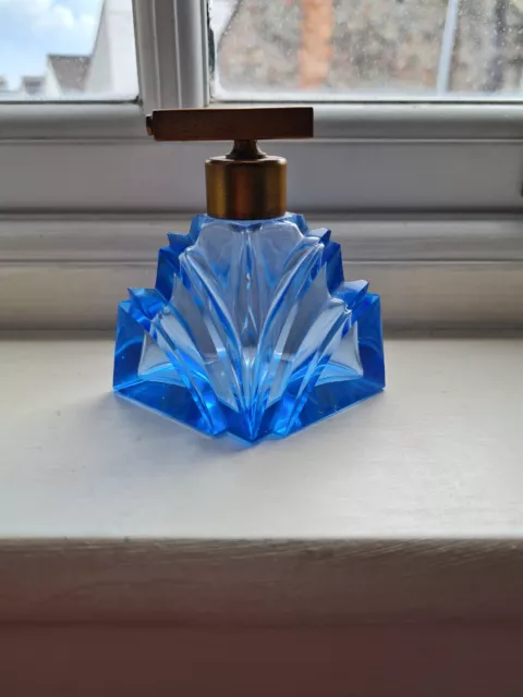 Vintage Geometric ART DECO Style Blue Glass PERFUME BOTTLE ATOMISER