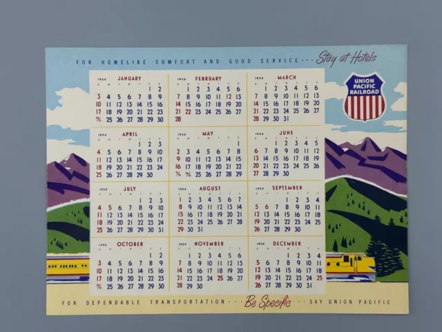 1954 UNION PACIFIC RAILROAD CALENDAR CARD Vintage Advertising