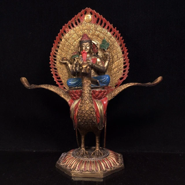 11" Chinese old antique bronze gilt Cloisonne Mahamayuri Buddha statue