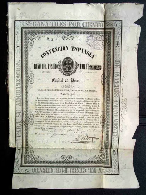 Mexico 1854 Convencion Española 25 Pesos Coupons NOT CANCELLED Bond Loan Share