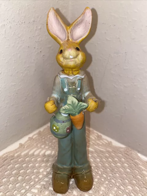 Farmer Bunny Rabbit Ceramic 8” Tall Glazed & Unglazed Easter Egg Carrot Overalls