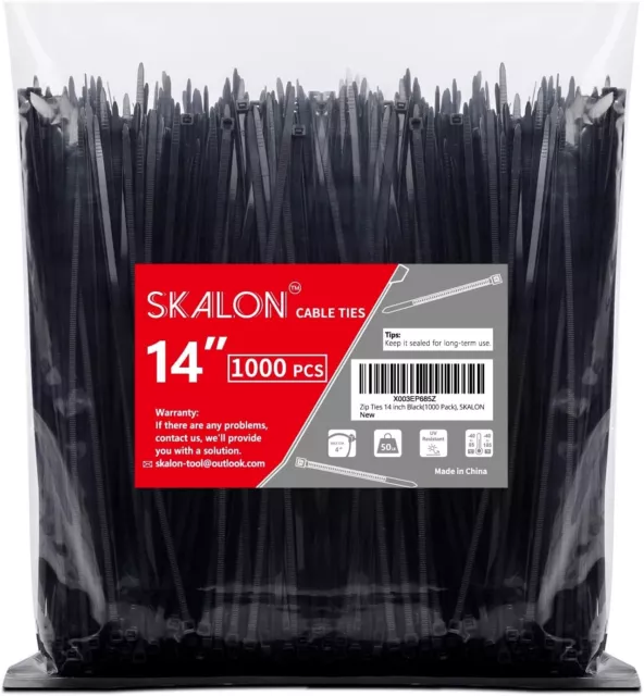 Zip Ties 14 inch (1000 PCS), Black, 50lb Tensile Strength