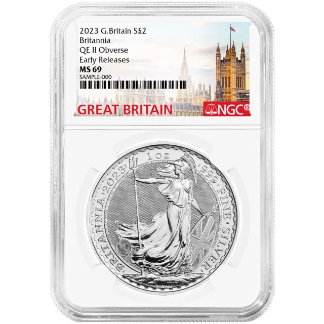 2023 U.K. 2 Pound Silver Britannia .999 1 oz NGC MS69 ER Great Britain Label