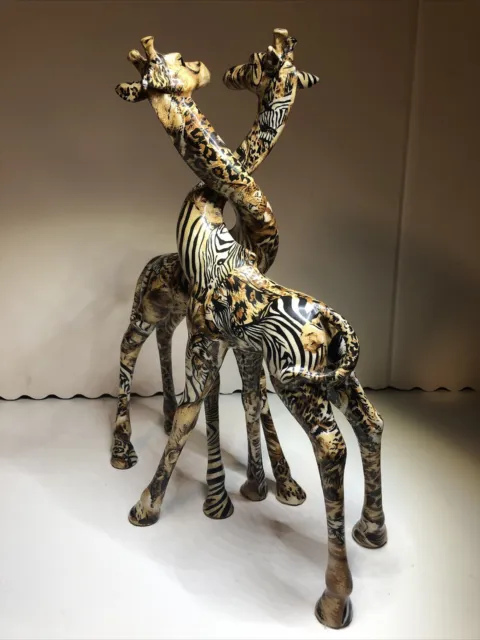 80's VTG Giraffe Pair LaVie Safari Decoupage Patchwork Glazed Ceramic 13 1/2”