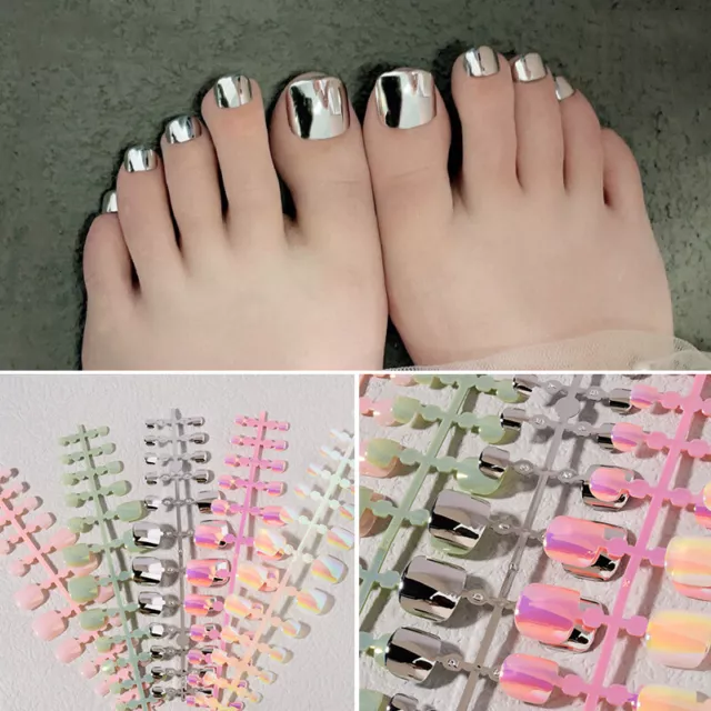 24Pcs Mirror Shiny Metallic False Toe Nails Full Cover Fake Toe Nail Art Decor