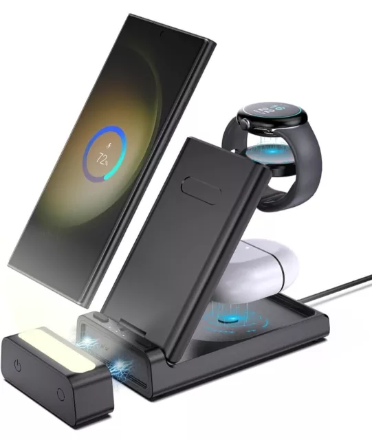 Chargeur sans Fil pour Samsung, iOS Pliable Veilleuse, Station de Charge 3 en 1