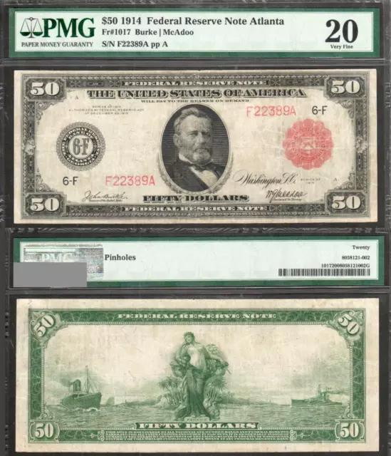 $50 1914 FRN-RS ATLANTA Fr. 1017 RED SEAL FIFTY-RARE-only 16 known- PMG VF 20 $50 1914 FRN-RS ATLANTA Fr. 1017 RED SEAL FIFTY-RARE-only 16 known- PMG VF 20