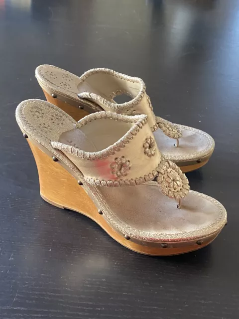 Jack Rogers Size 7 Marbella "Gold" Wood Wedge Platform Heel Thong Sandals