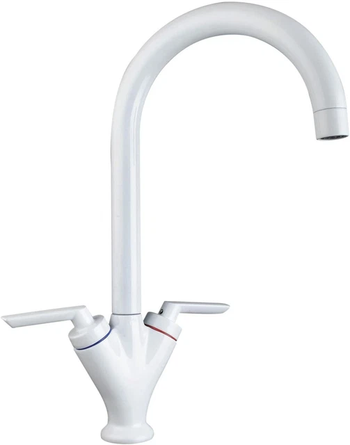 White Kitchen Sink Tap Mono Bloc Double Lever High Swan Swivel Neck Mixer Taps