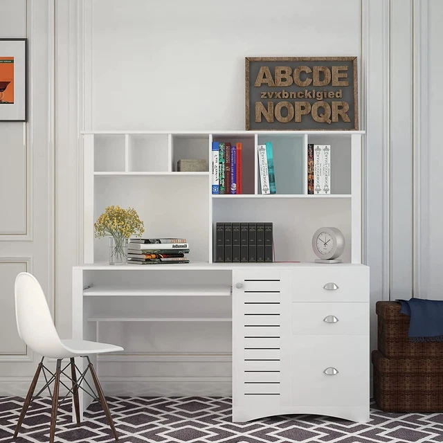 COMPUTER DESK WITH Hutch Drawers &Bookshelf For Small Space Executive
