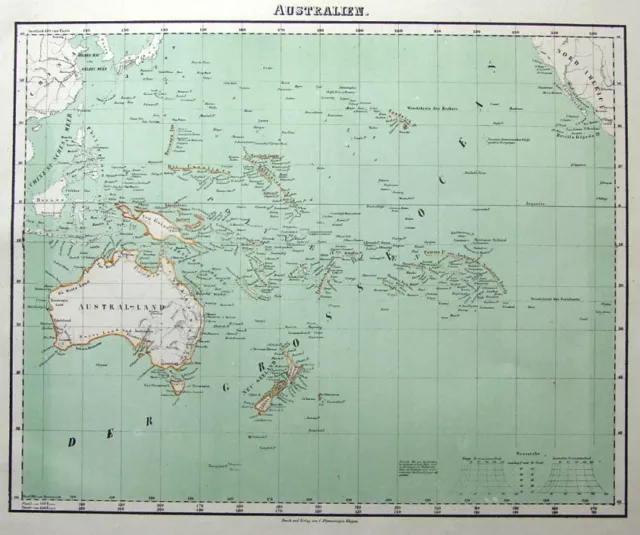 AUSTRALIA, NEW ZEALAND, PACIFIC Fleming original coloured antique map 1855