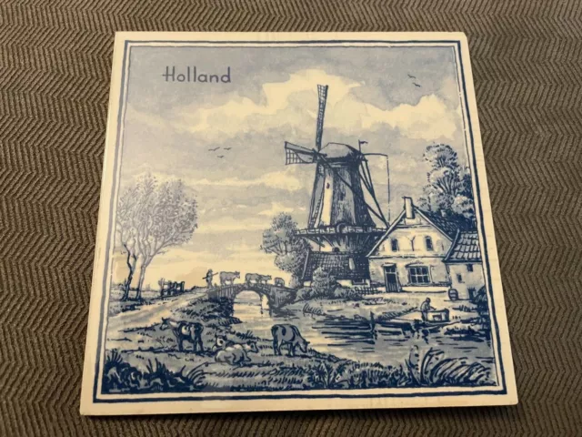 Delft Hand Painted Glazed Ceramic Windmill Farm Tile- Holland Dutch Blue (Blauw)